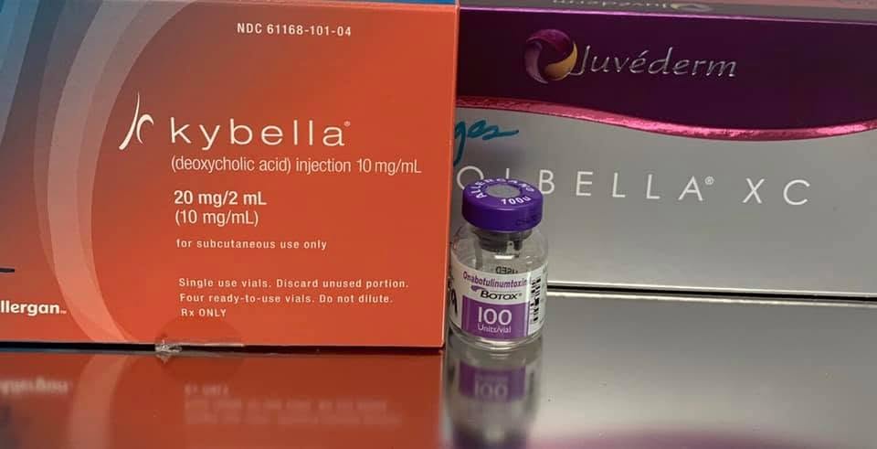 Kybella, Juvéderm Volbella XC and a Botox 100-unit vial at Luna Aesthetic Cash Clinic